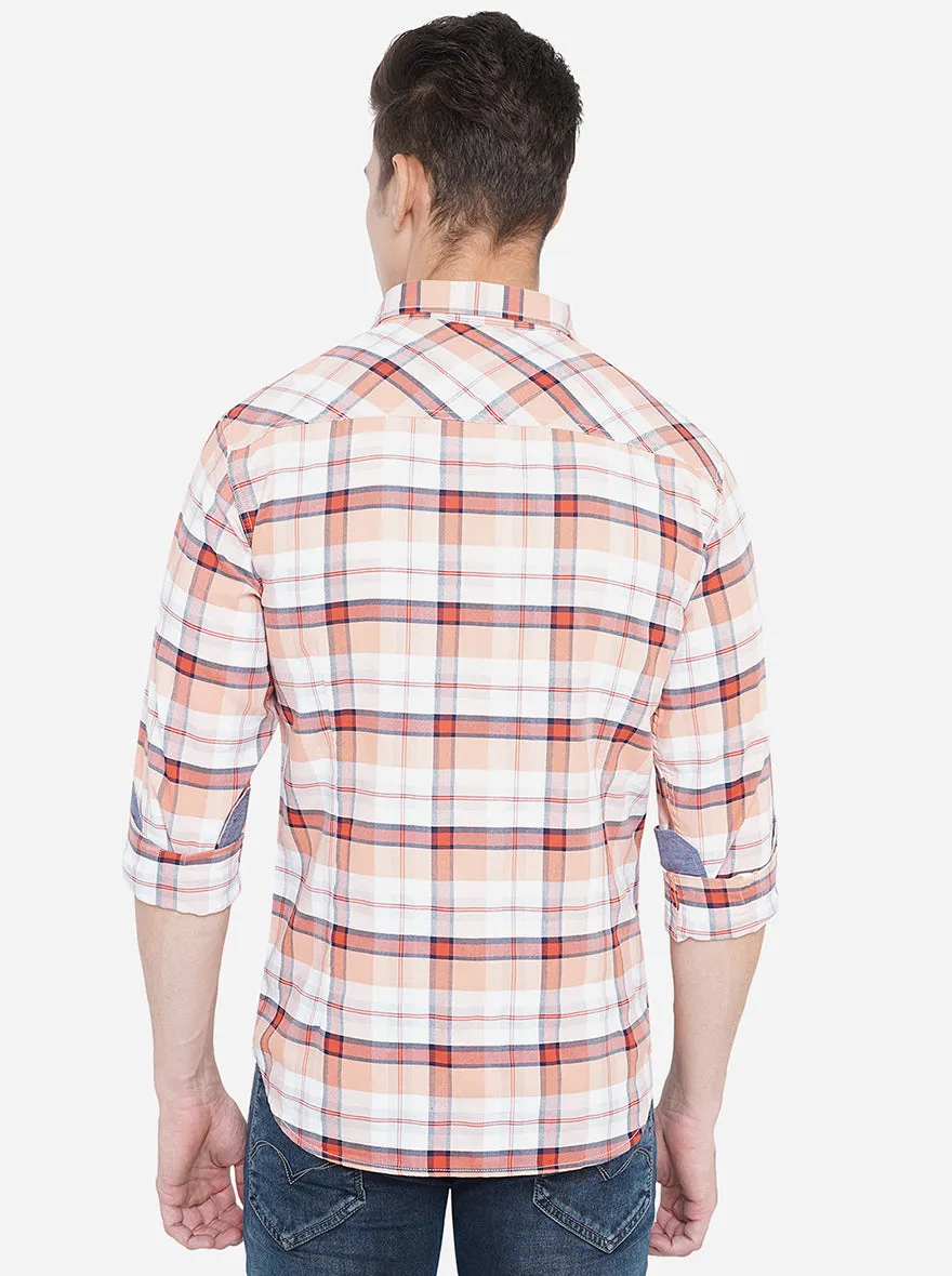 Salmon Peach Checked Slim Fit Semi Casual Shirt | Greenfibre